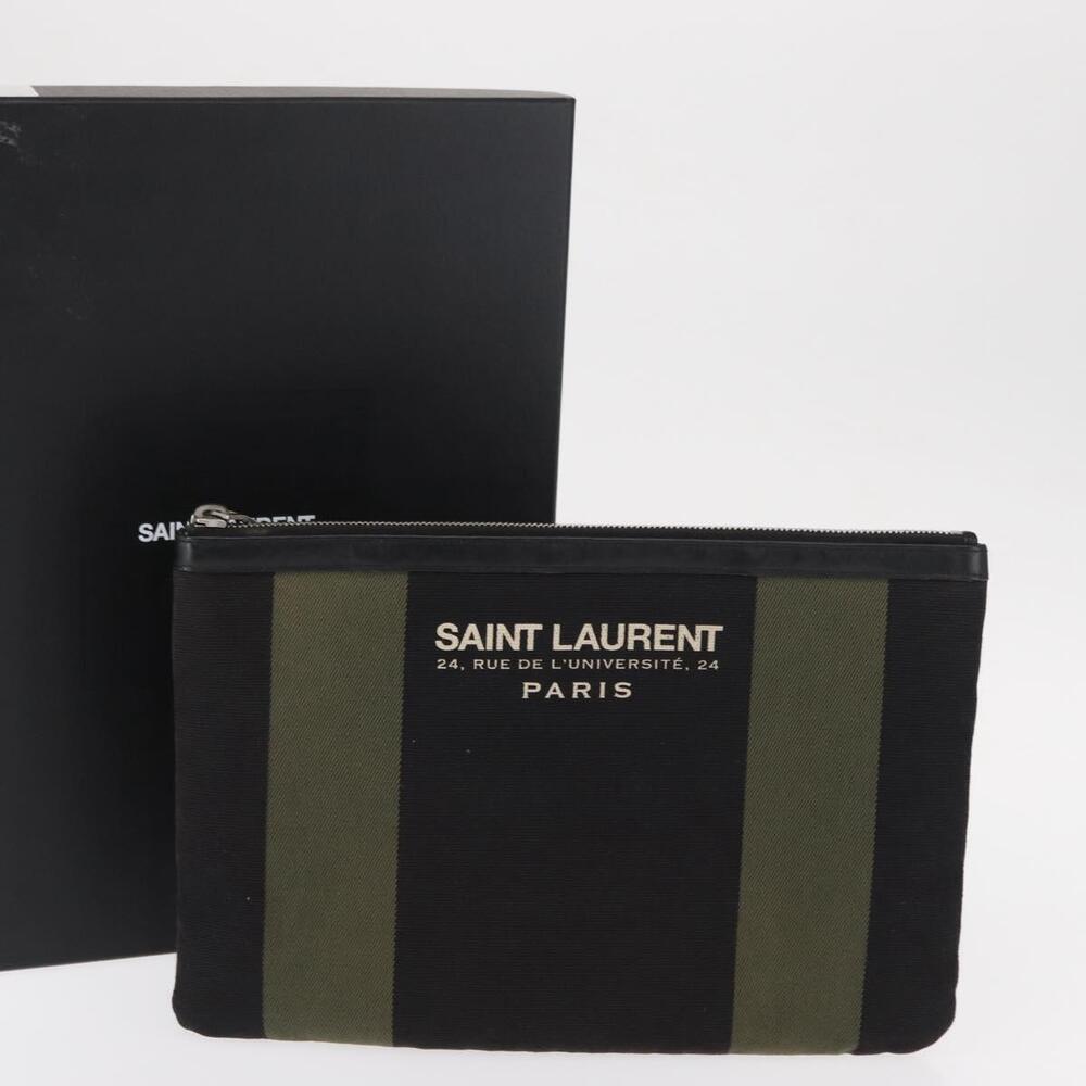 SAINT LAURENT Clutch Bag Canvas Leather Black Khaki Silver Auth mr1652 - Picture 12 of 16